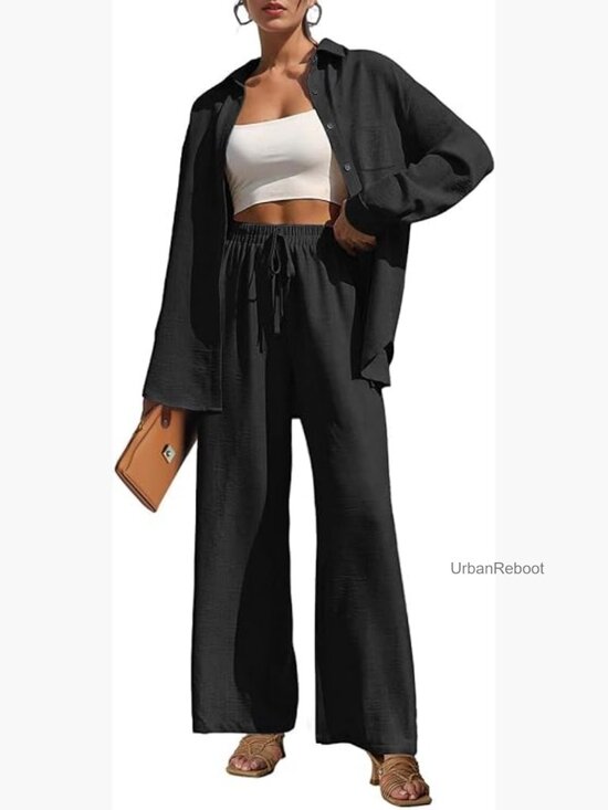 Pants - Womens Lounge Sets 2 Piece Outfits Button Down Shirt Wide Leg Pants Tracksuit